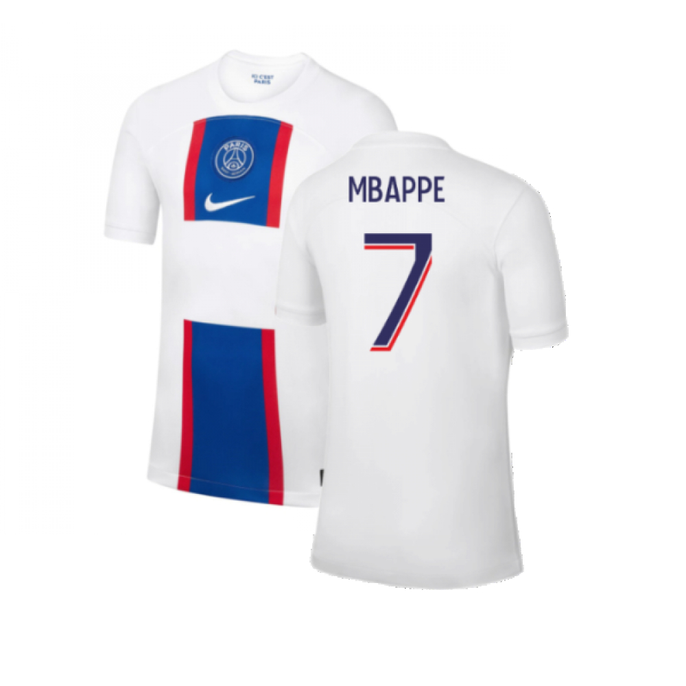 '22-'23 Psg Third Shirt (Kids) (Mbappe 7) Polyester Kylian Mbappe Made By: Nike Unisex Kids White Medium