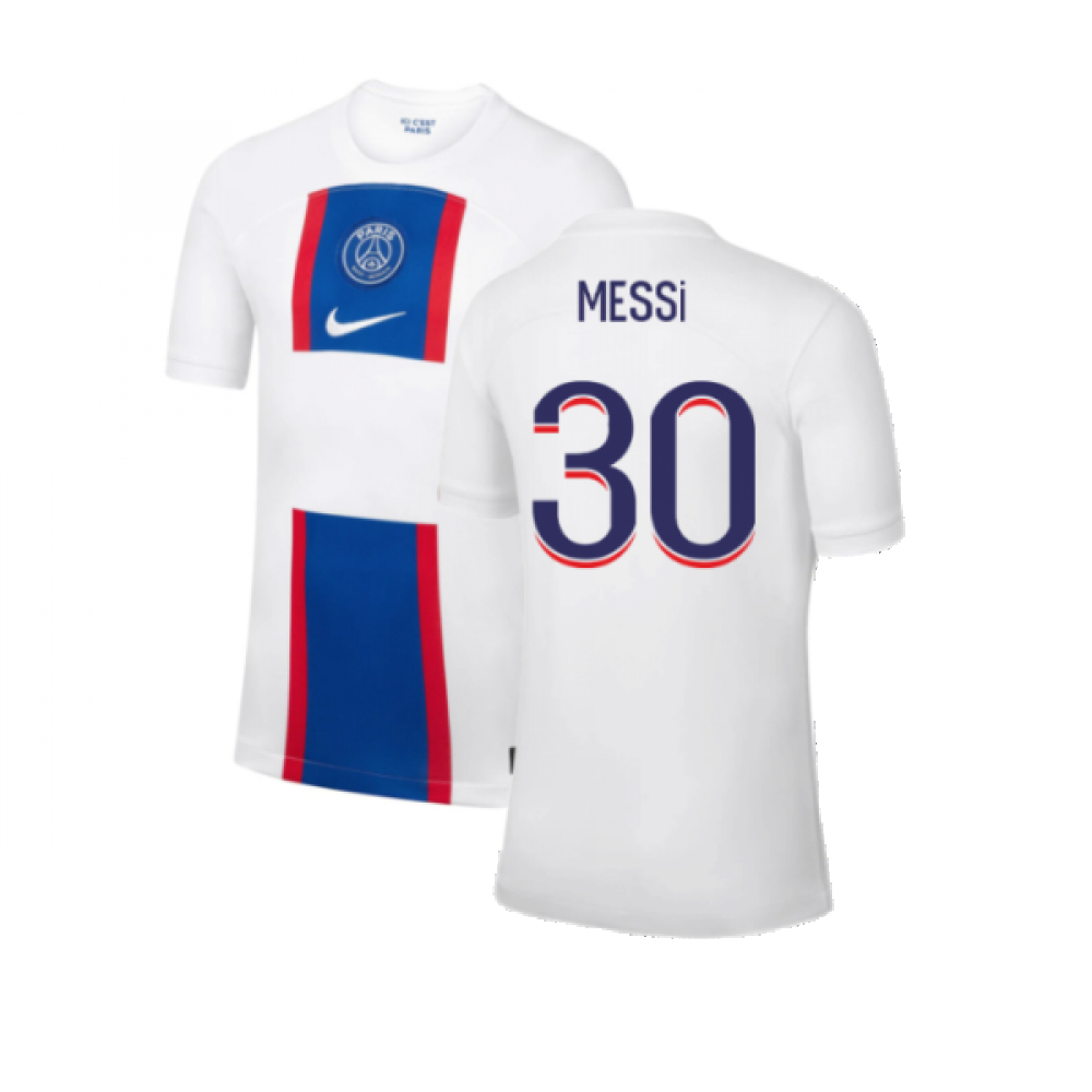 '22-'23 Psg Third Shirt (Kids) (Messi 30) Polyester Lionel Messi Made By: Nike Unisex Kids White Small