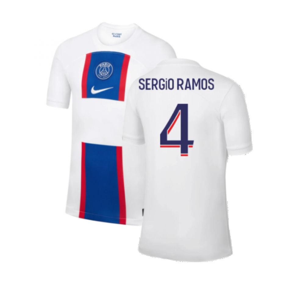 '22-'23 Psg Third Shirt (Kids) (Sergio Ramos 4) Polyester Made By: Nike Unisex Kids White Medium