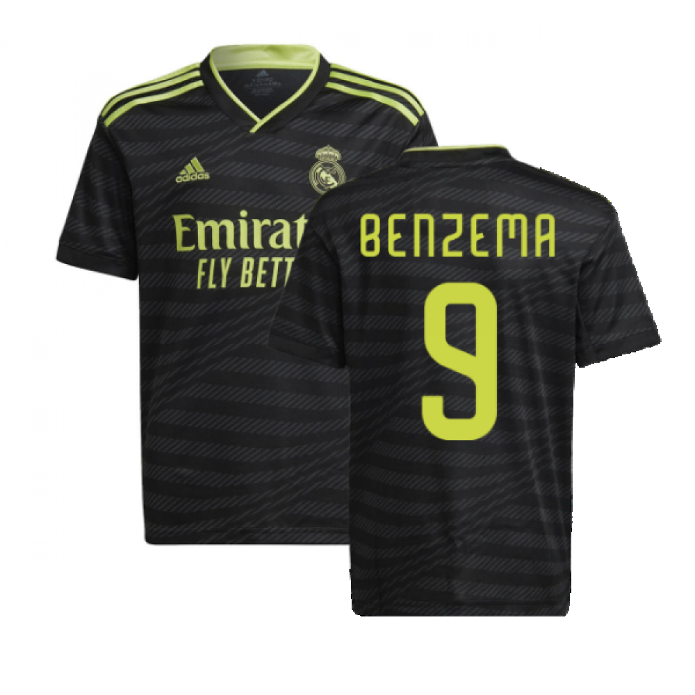 '22-'23 Real Madrid Third Shirt (Kids) (Benzema 9) Polyester Karim Benzema Made By: Adidas Unisex Kids Black Size 15-16