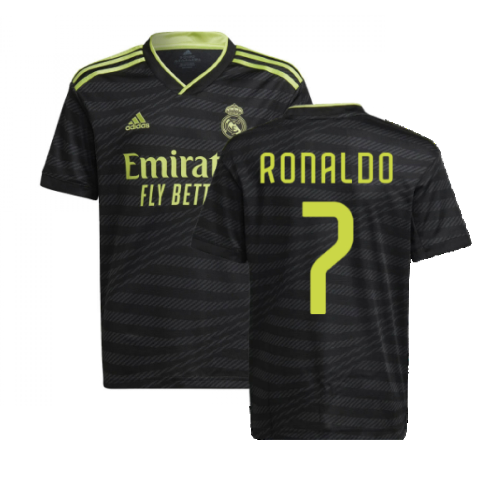 '22-'23 Real Madrid Third Shirt (Kids) (Ronaldo 7) Polyester Cristiano Ronaldo Made By: Adidas Unisex Kids Black Size 15-16