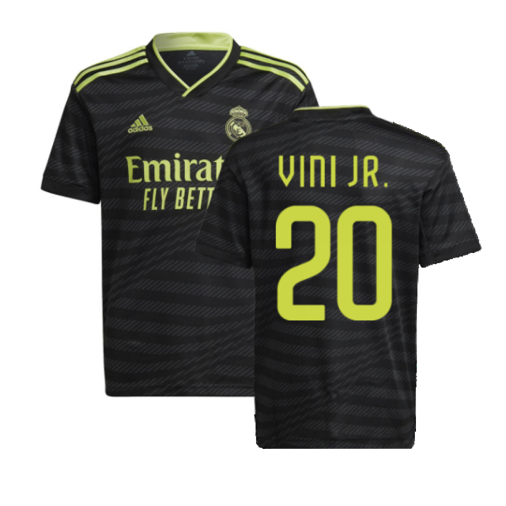 '22-'23 Real Madrid Third Shirt (Kids) (Vini Jr. 20) Polyester Vinicius Junior Made By: Adidas Unisex Kids Black Size 15-16