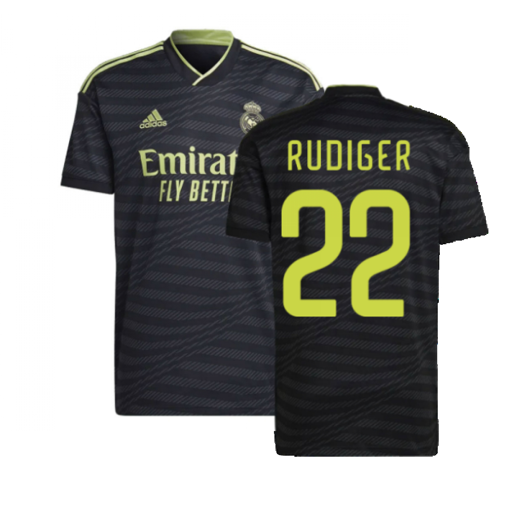 '22-'23 Real Madrid Third Shirt (Rudiger 22) Polyester Antonio Rudiger Made By: Adidas Men's Black Extra Large