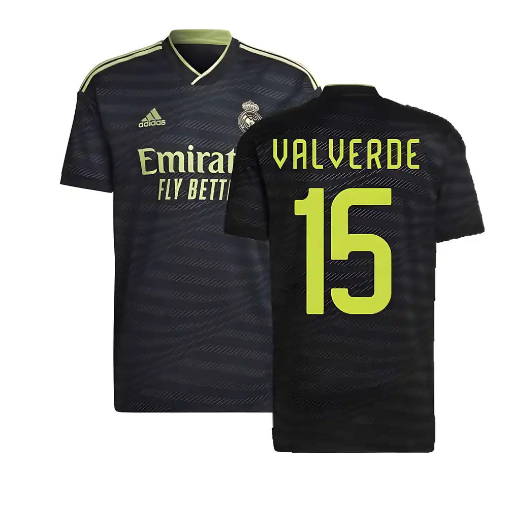'22-'23 Real Madrid Third Shirt (Valverde 15) Polyester Federico Valverde Made By: Adidas Men's Black Extra Large