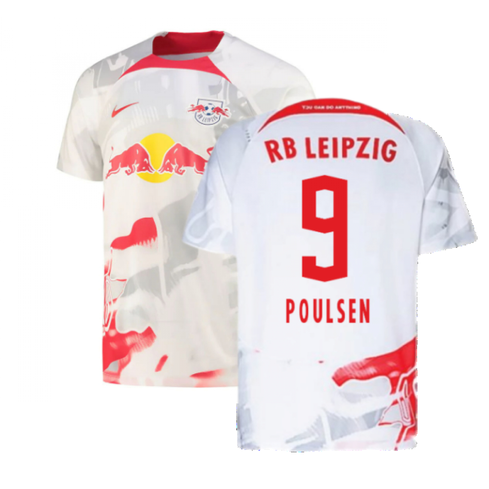 '22-'23 Bull Leipzig Home Shirt (White) (Poulsen 9) Polyester Yussuf Poulsen Made By: Nike Men's Red Xxl