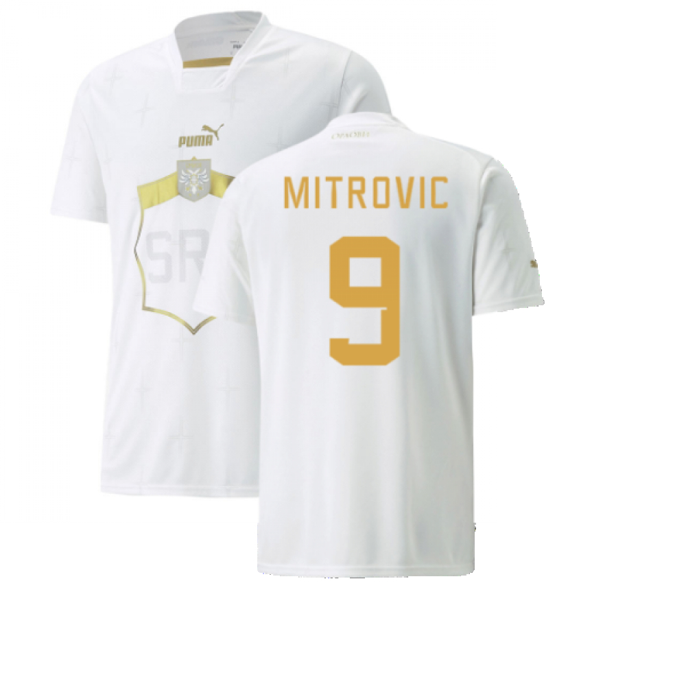'22-'23 Serbia Away Shirt (Mitrovic 9) Polyester Aleksandar Mitrovic Made By: Puma Men's White Medium