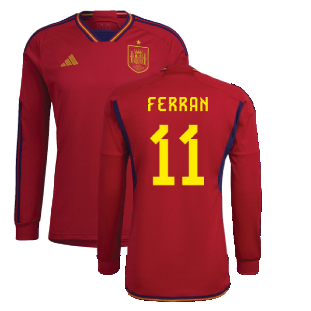 '22-'23 Spain Long Sleeve Home Shirt (Ferran 11) Polyester Ferran Torres Made By: Adidas Men's Red 3XL