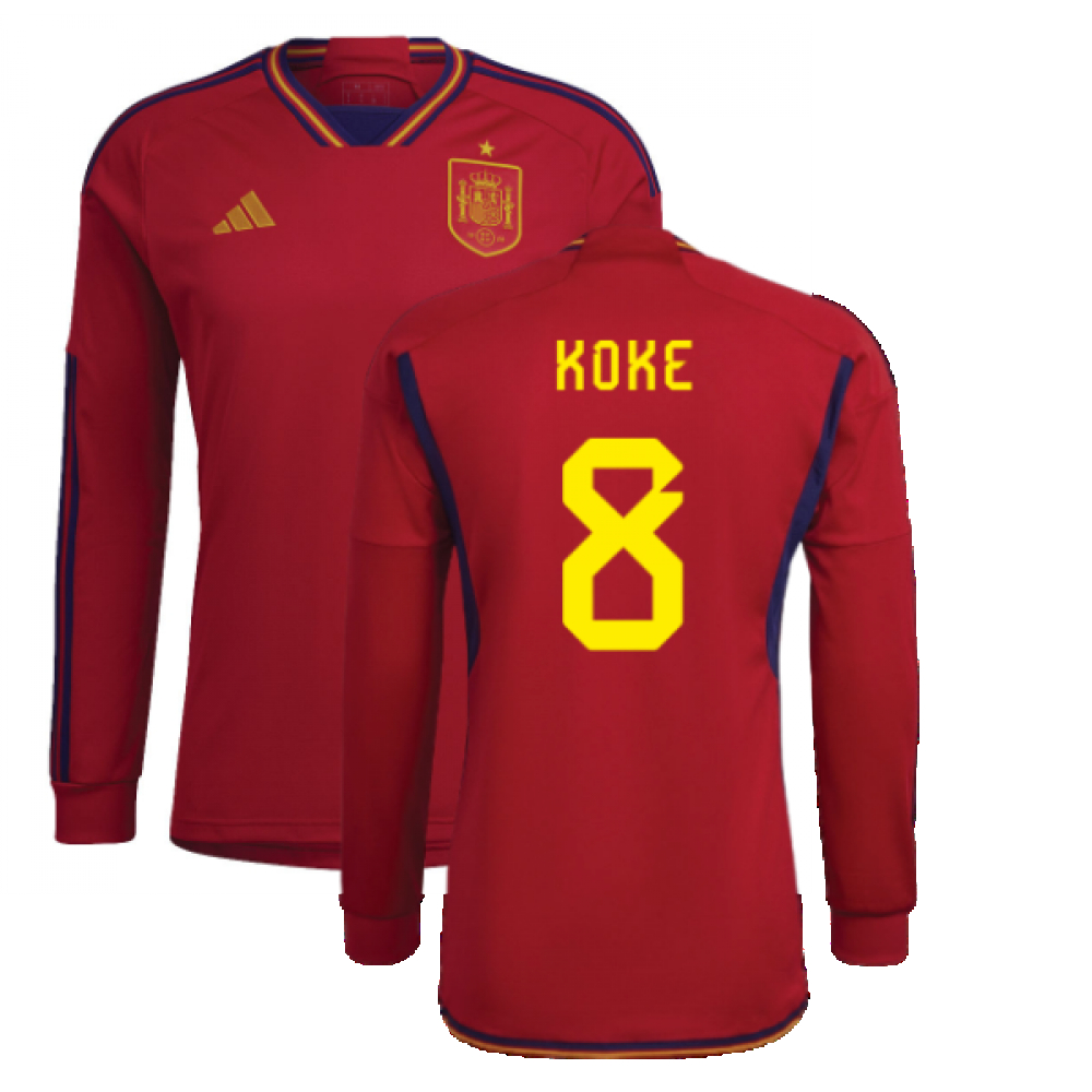 '22-'23 Spain Long Sleeve Home Shirt (Koke 8) Polyester Made By: Adidas Men's Red 3XL