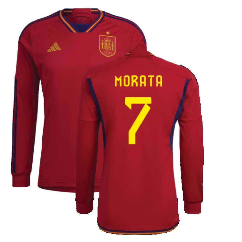'22-'23 Spain Long Sleeve Home Shirt (Morata 7) Polyester Alvaro Morata Made By: Adidas Men's Red 3XL