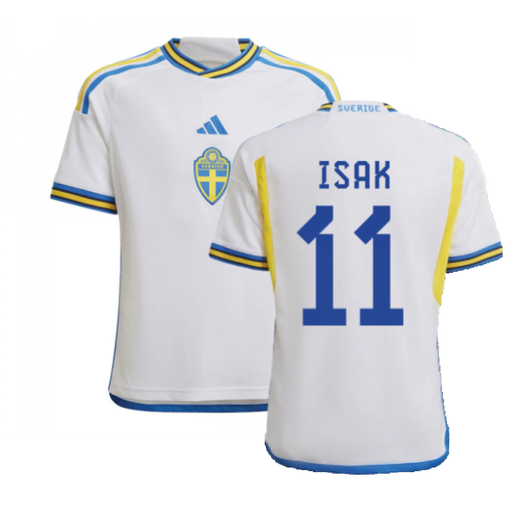 '22-'23 Sweden Away Shirt (Kids) (Isak 11) Polyester Alexander Isak Made By: Adidas Unisex Kids White Size 9-10