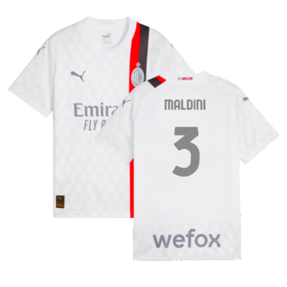 '23-'24 Ac Milan Away Shirt (Kids) (Maldini 3) Polyester Made By: Puma Unisex Kids White Size 7-8