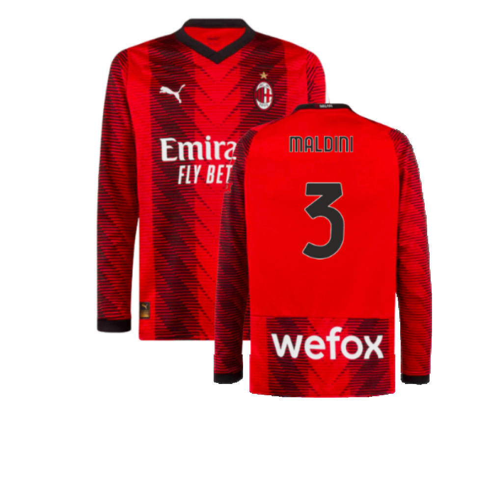 '23-'24 Ac Milan Long Sleeve Home Shirt (Maldini 3) Polyester Made By: Puma Men's Red Extra Large