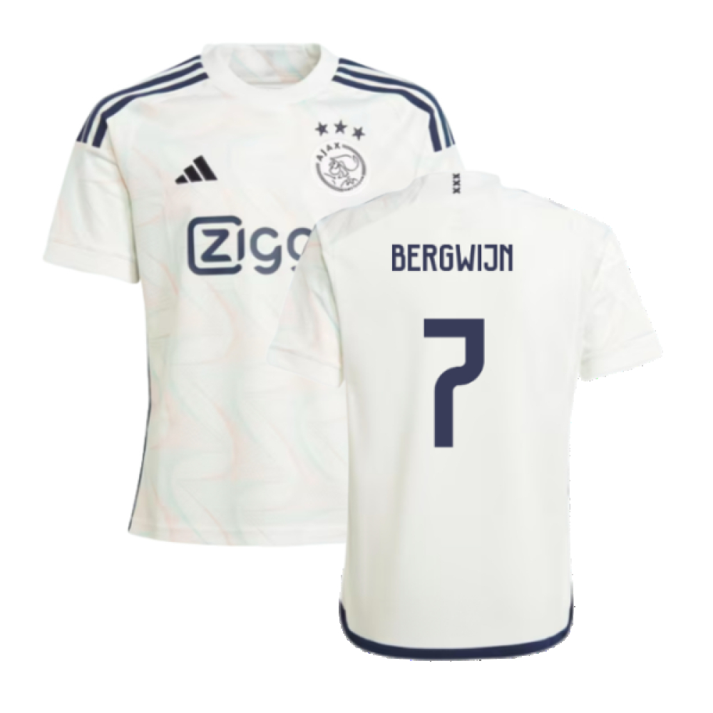 '23-'24 Ajax Away Shirt (Kids) (Bergwijn 7) Polyester Steven Bergwijn Made By: Adidas Unisex Kids White Size 7-8