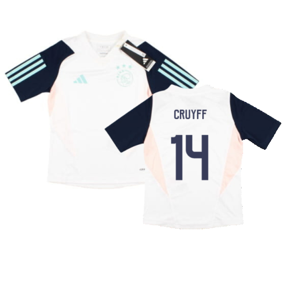 '23-'24 Ajax Training Jersey (White) - Kids (Cruyff 14) Polyester Johan Cruyff Made By: Adidas Unisex Kids White Size 7-8