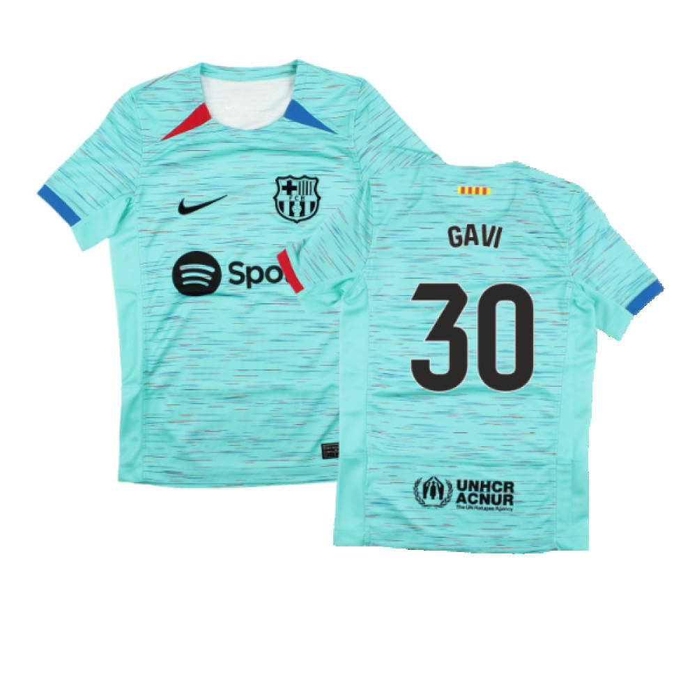 '23-'24 Barcelona Third Shirt (Kids) (Gavi 30) Polyester Made By: Nike Unisex Kids Blue Extra Large