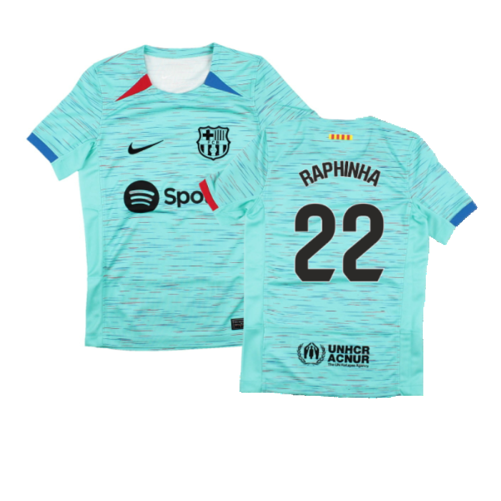 '23-'24 Barcelona Third Shirt (Kids) (Raphinha 22) Polyester Made By: Nike Unisex Kids Blue Small