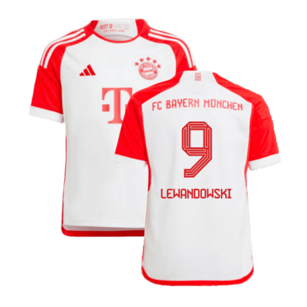 '23-'24 Bayern Munich Home Shirt (Kids) (Lewandowski 9) Polyester Made By: Adidas Unisex Kids White Size 7-8