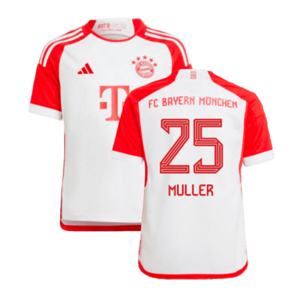 '23-'24 Bayern Munich Home Shirt (Kids) (Muller 25) Polyester Made By: Adidas Unisex Kids White Size 7-8