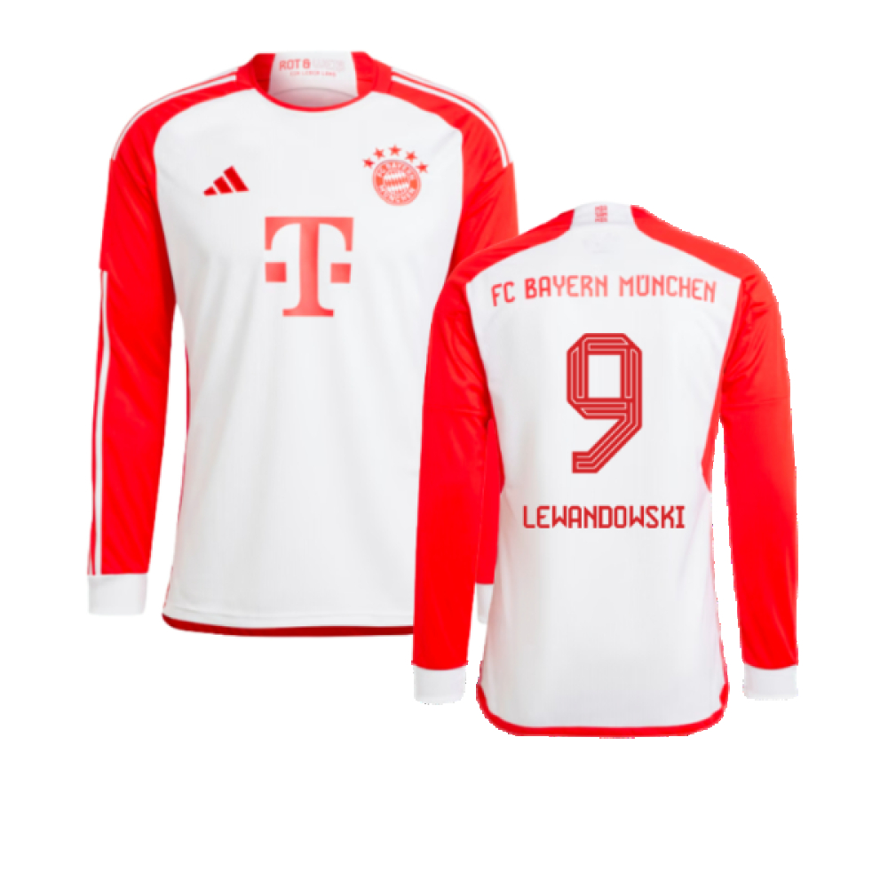 '23-'24 Bayern Munich Long Sleeve Home Shirt (Kids) (Lewandowski 9) Polyester Made By: Adidas Unisex Kids White Size 15-16