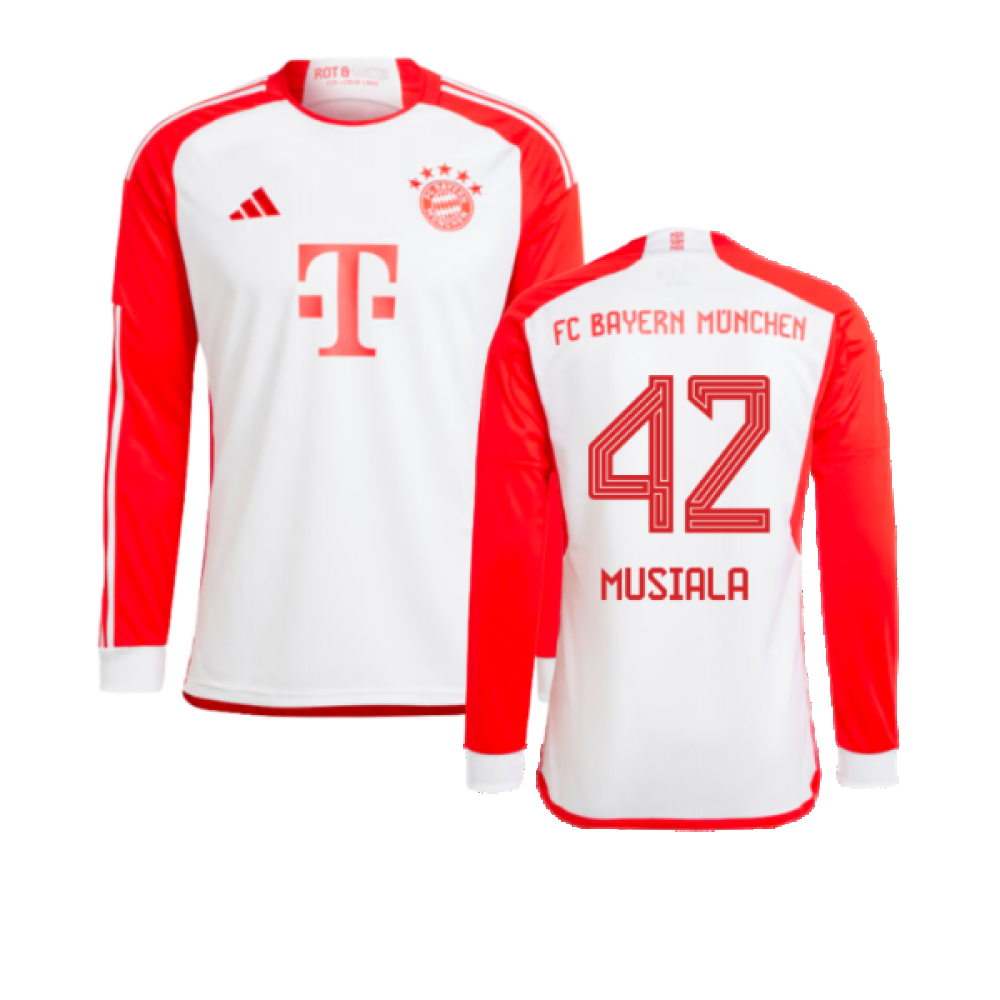 '23-'24 Bayern Munich Long Sleeve Home Shirt (Kids) (Musiala 42) Polyester Made By: Adidas Unisex Kids White Size 15-16