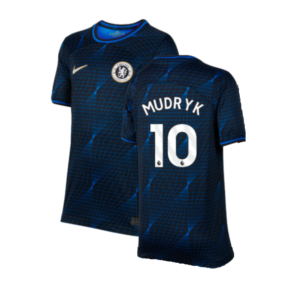 '23-'24 Chelsea Away Shirt (Kids) (Mudryk 10) Polyester Mykhailo Mudryk Made By: Nike Unisex Kids Navy Extra Small