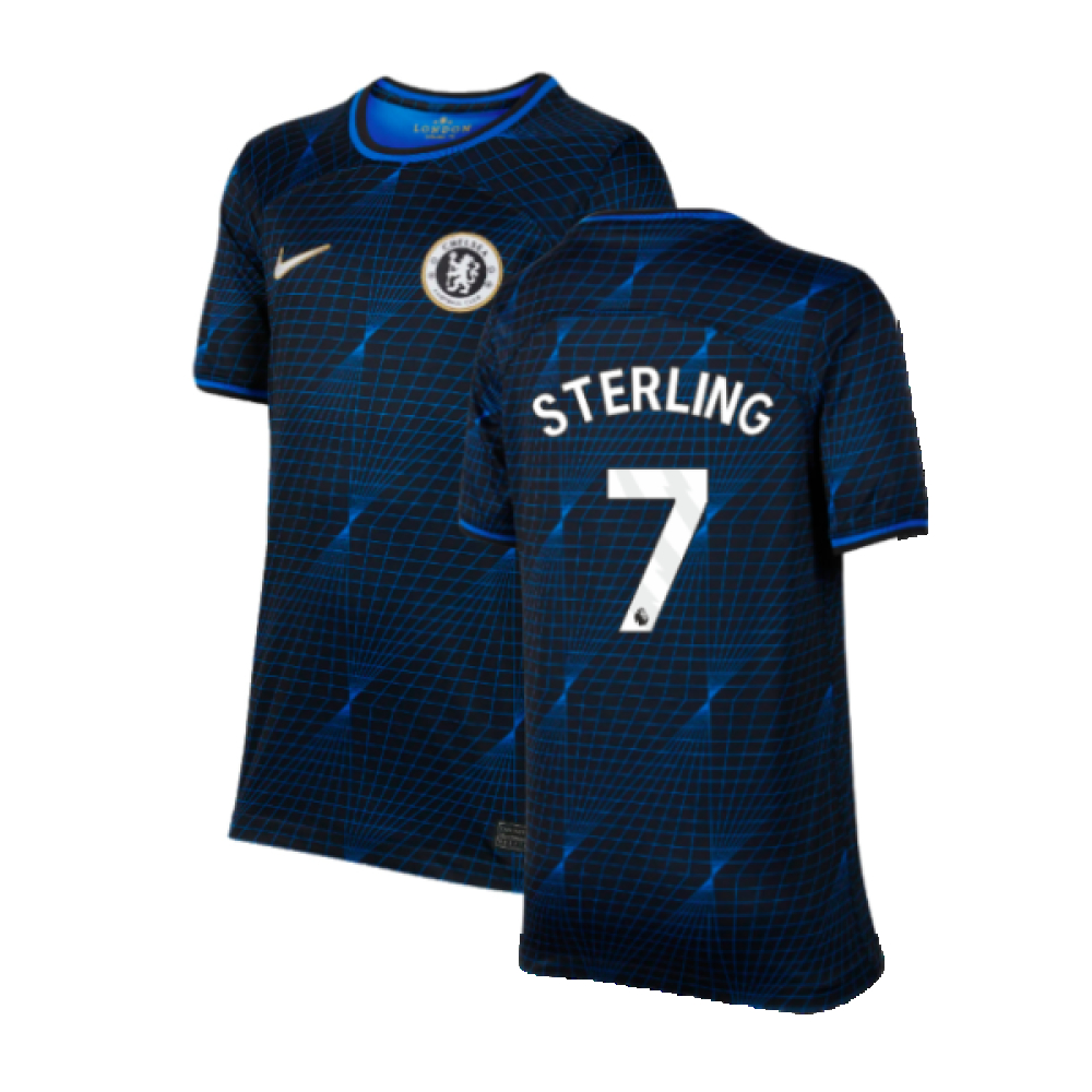 '23-'24 Chelsea Away Shirt (Kids) (Sterling 7) Polyester Raheem Sterling Made By: Nike Unisex Kids Navy Extra Small