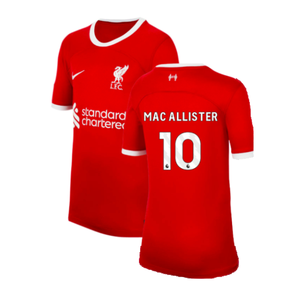 '23-'24 Liverpool Home Shirt (Kids) (Mac Allister 10) Polyester Made By: Nike Unisex Kids Red Extra Small