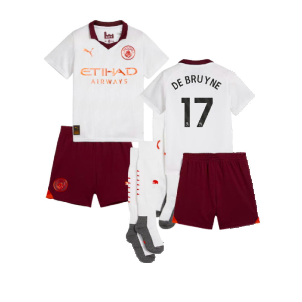 '23-'24 Man City Away Mini Kit (De Bruyne 17) Toddler's Polyester Kevin De Bruyne Manchester City Made By: Puma Unisex Toddler White 1-2 Toddler