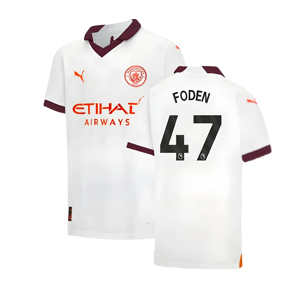 '23-'24 Man City Away Shirt (Kids) (Foden 47) 7-8 Polyester Phil Foden Manchester City Made By: Puma Unisex Kids White Size 9-10