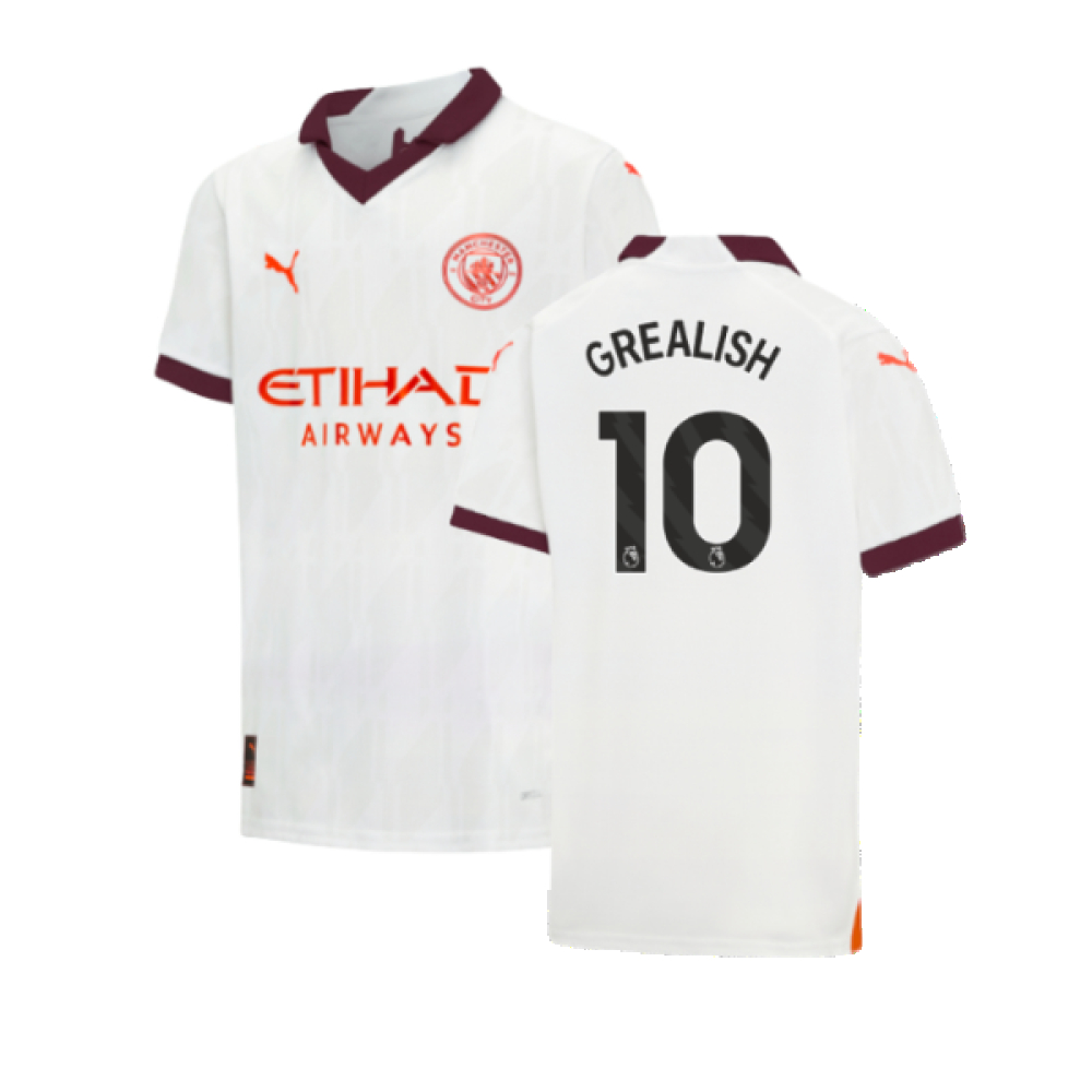 '23-'24 Man City Away Shirt (Kids) (Grealish 10) Polyester Jack Grealish Manchester City Made By: Puma Unisex Kids White Size 7-8