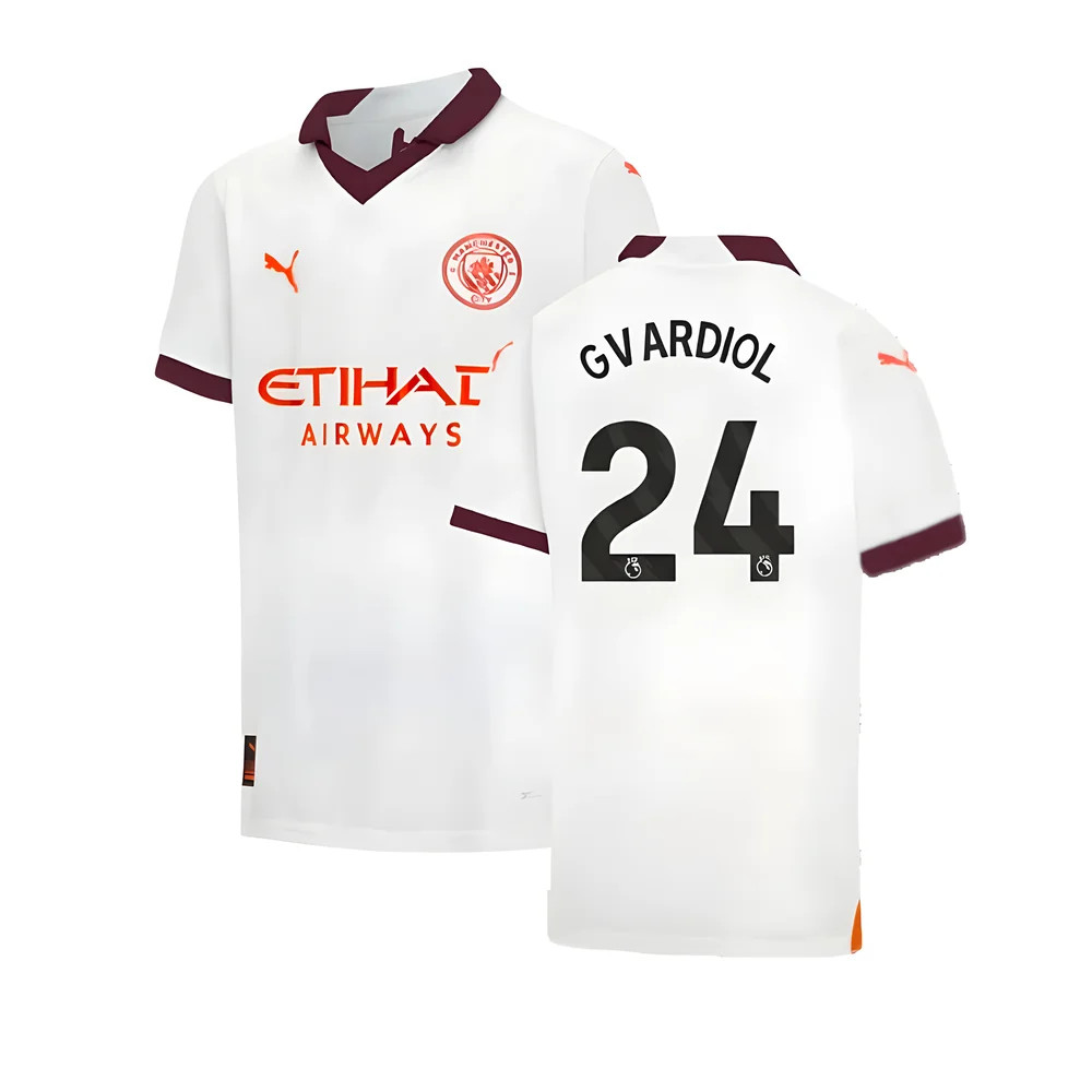 '23-'24 Man City Away Shirt (Kids) (Gvardiol 24) Polyester Manchester City Made By: Puma Unisex Kids White Size 7-8