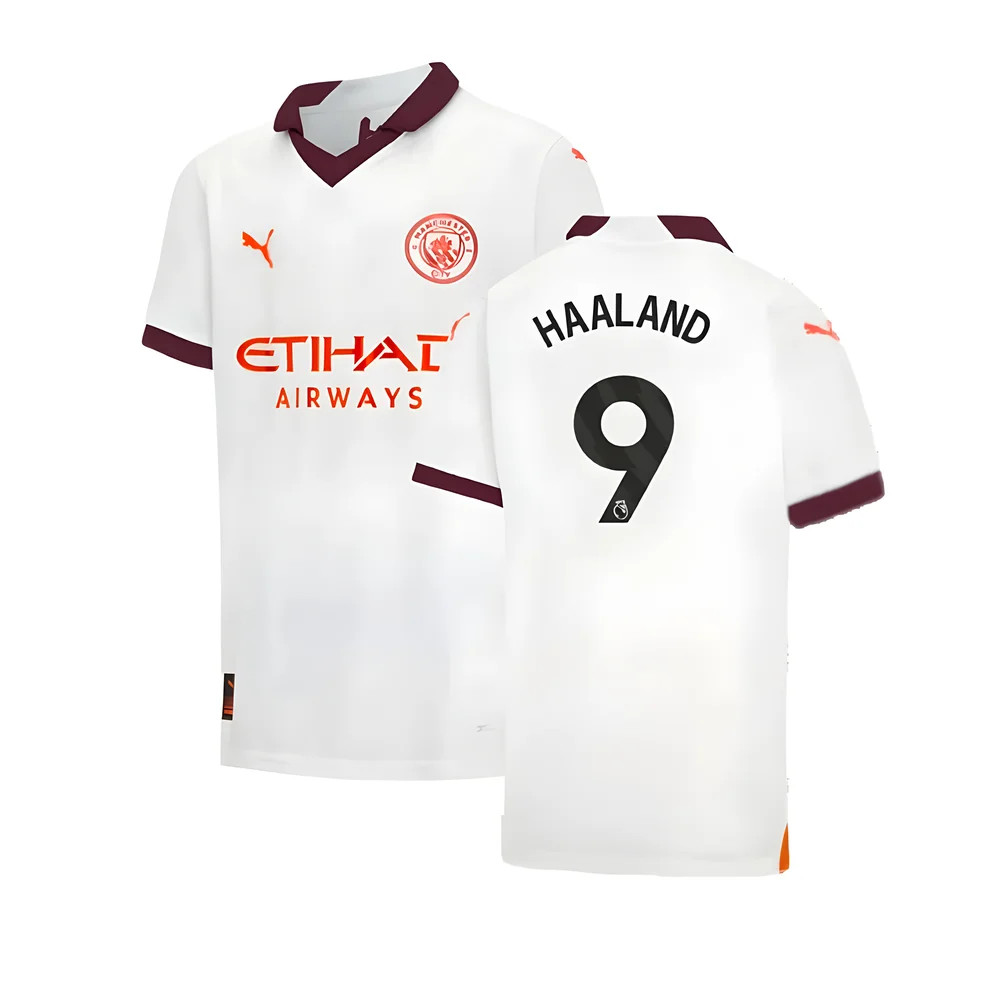 '23-'24 Man City Away Shirt (Kids) (Haaland 9) 7-8 Polyester Erling Haaland Manchester City Made By: Puma Unisex Kids White Size 11-12