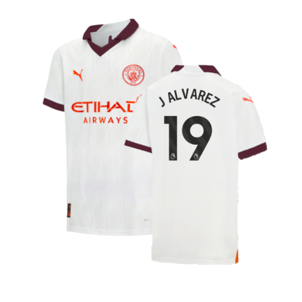 '23-'24 Man City Away Shirt (Kids) (J Alvarez 19) Polyester Julian Alvarez Manchester City Made By: Puma Unisex Kids White Size 7-8