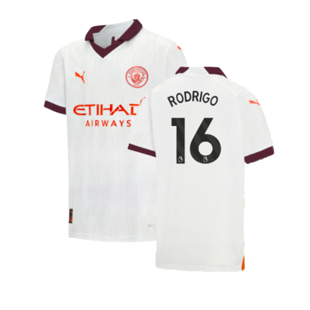 '23-'24 Man City Away Shirt (Kids) (Rodrigo 16) Polyester Manchester City Made By: Puma Unisex Kids White Size 7-8