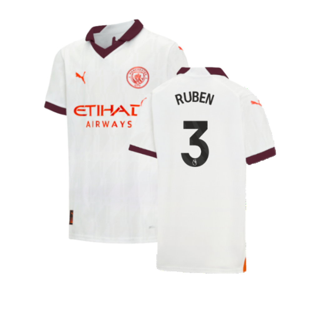 '23-'24 Man City Away Shirt (Kids) (Ruben 3) Polyester Ruben Dias Manchester City Made By: Puma Unisex Kids White Size 7-8