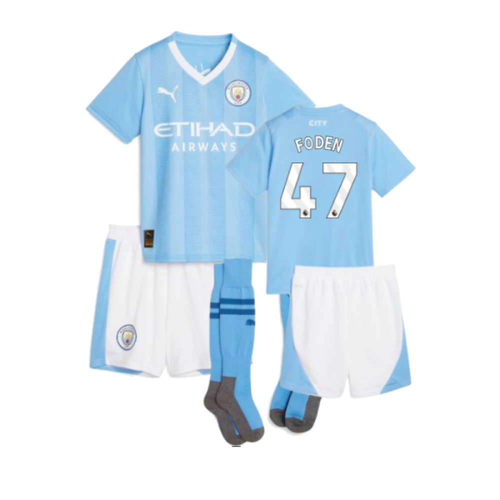 '23-'24 Man City Home Mini Kit (Foden 47) Toddler's Polyester Phil Foden Manchester City Made By: Puma Unisex Toddler Blue 1-2 Toddler