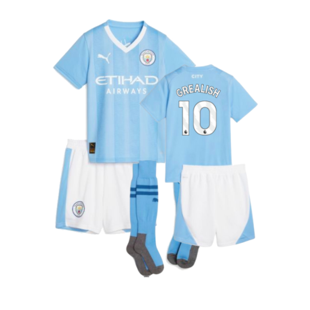 '23-'24 Man City Home Mini Kit (Grealish 10) Toddler's 1-2 Toddler Polyester Jack Grealish Manchester City Made By: Puma Unisex Toddler Blue 3-4 Toddler