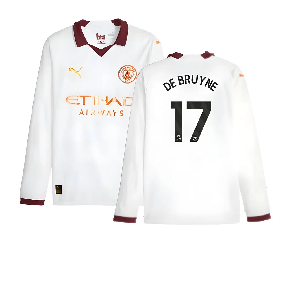 '23-'24 Man City Long Sleeve Away Shirt (De Bruyne 17) Polyester Kevin De Bruyne Manchester City Made By: Puma Men's White Small