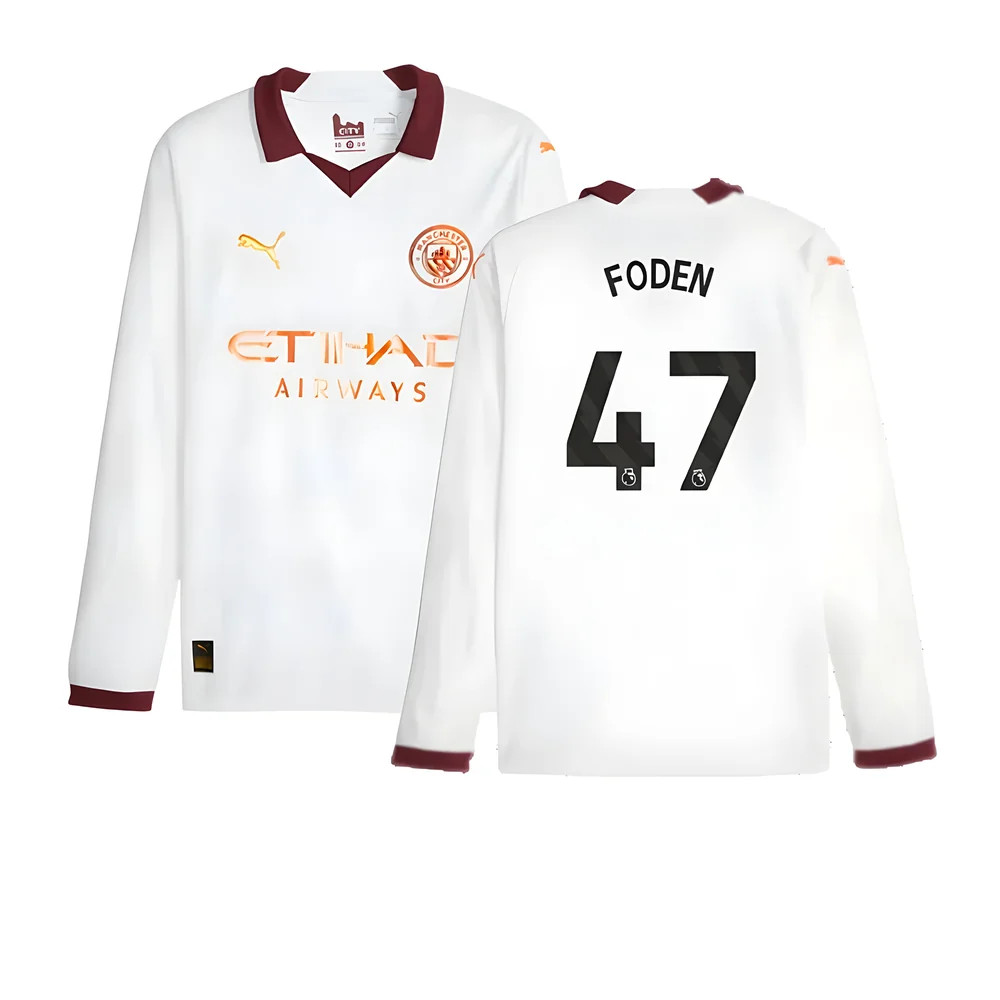 '23-'24 Man City Long Sleeve Away Shirt (Foden 47) Polyester Phil Foden Manchester City Made By: Puma Men's White Small