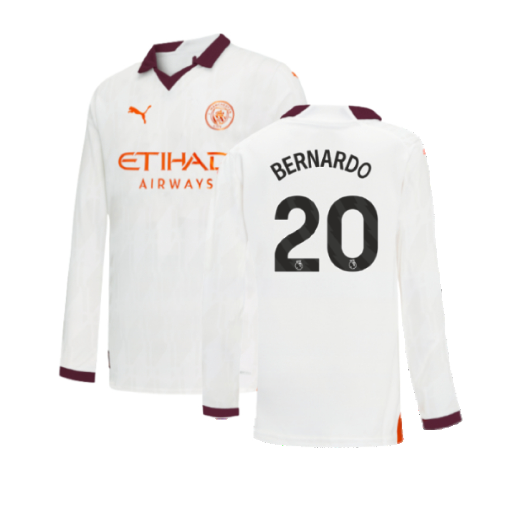 '23-'24 Man City Long Sleeve Away Shirt (Kids) (Bernardo 20) 13-14 Polyester Bernardo Silva Manchester City Made By: Puma Unisex Kids White Size 15-16