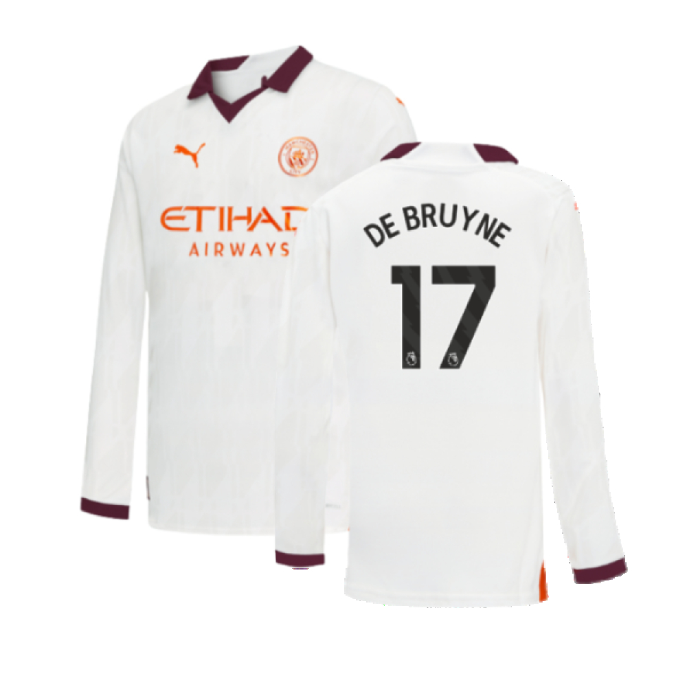'23-'24 Man City Long Sleeve Away Shirt (Kids) (De Bruyne 17) 13-14 Polyester Kevin De Bruyne Manchester City Made By: Puma Unisex Kids White Size 15-16