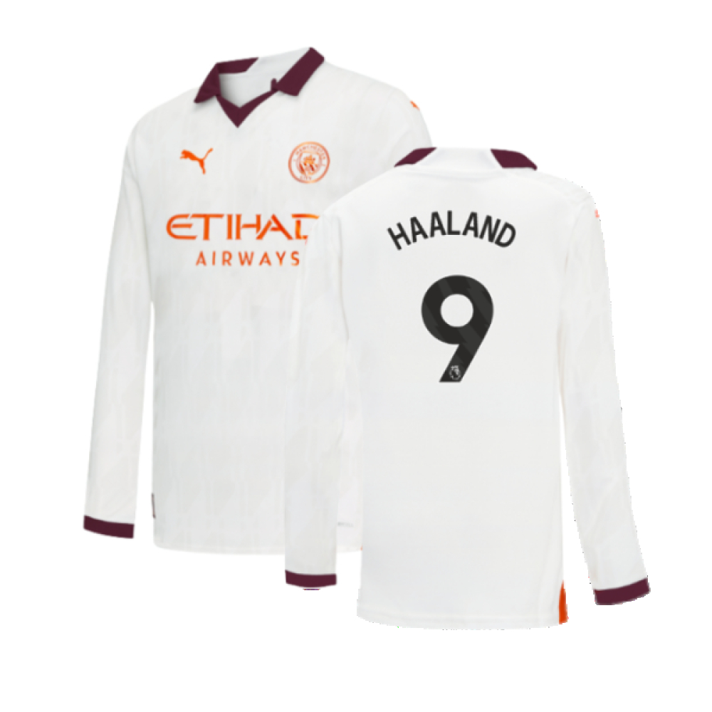 '23-'24 Man City Long Sleeve Away Shirt (Kids) (Haaland 9) Polyester Erling Haaland Manchester City Made By: Puma Unisex Kids White Size 13-14
