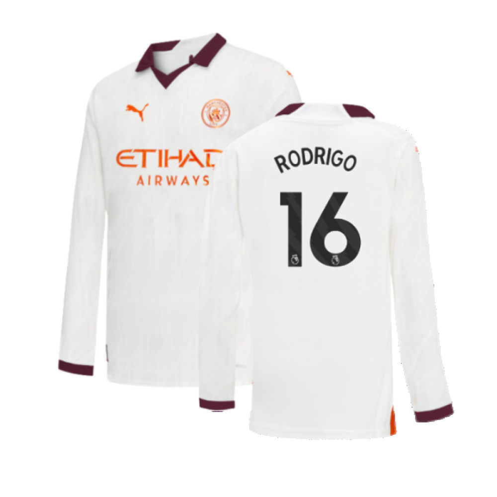 '23-'24 Man City Long Sleeve Away Shirt (Kids) (Rodrigo 16) Polyester Manchester City Made By: Puma Unisex Kids White Size 13-14