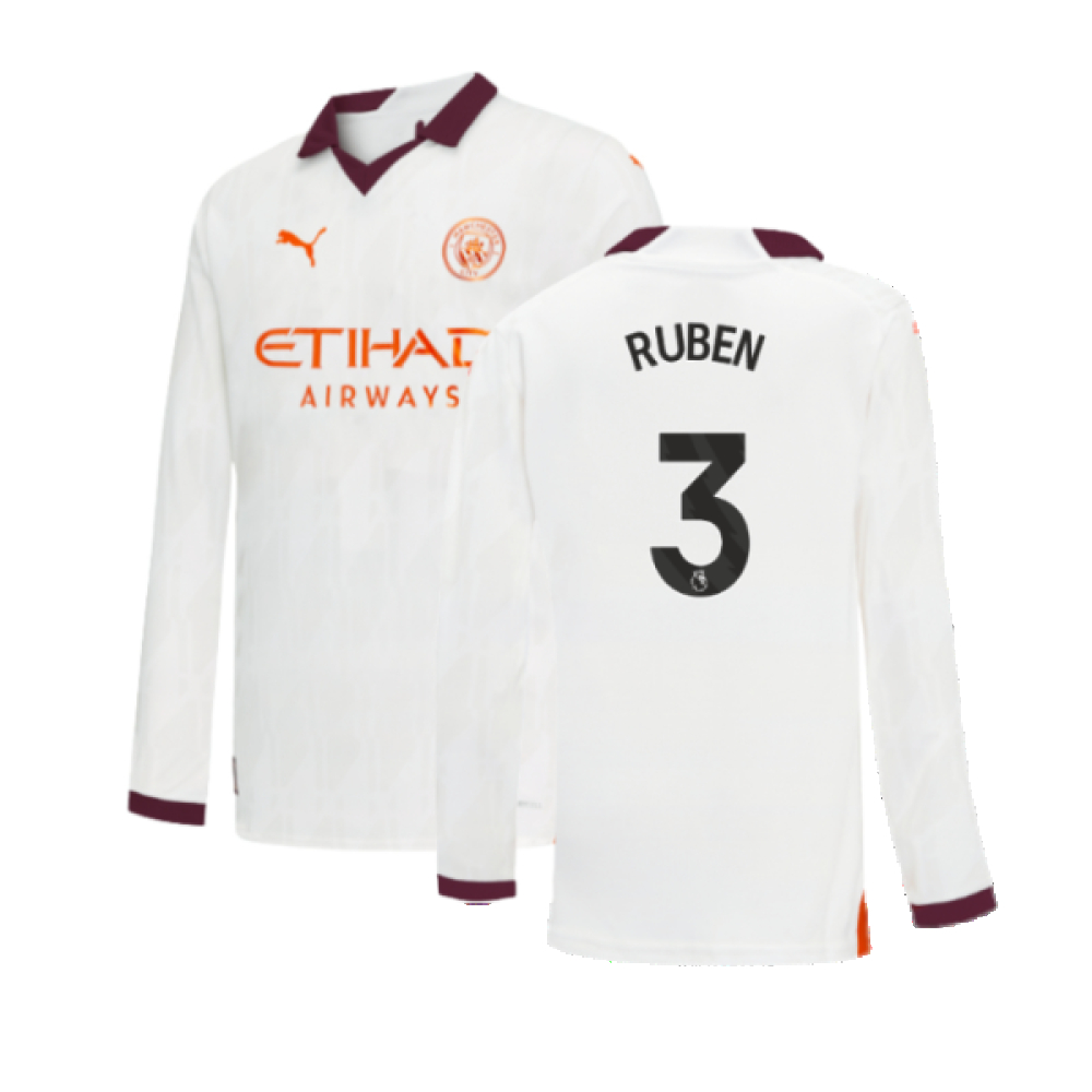 '23-'24 Man City Long Sleeve Away Shirt (Kids) (Ruben 3) Polyester Ruben Dias Manchester City Made By: Puma Unisex Kids White Size 13-14