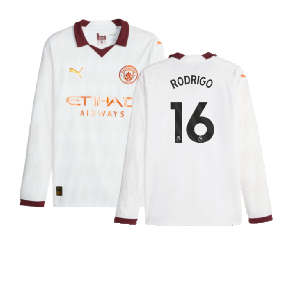 '23-'24 Man City Long Sleeve Away Shirt (Rodrigo 16) Polyester Manchester City Made By: Puma Men's White Small