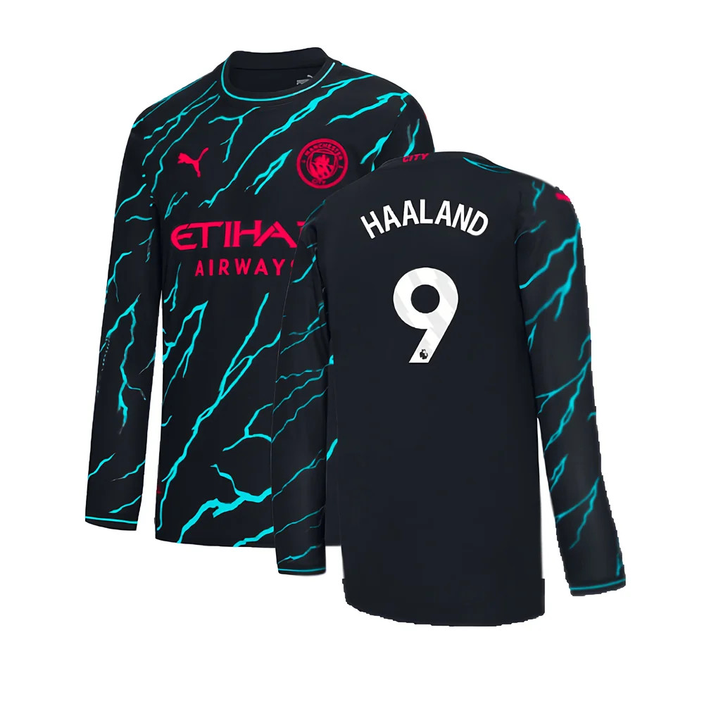 '23-'24 Man City Long Sleeve Third Shirt (Haaland 9) Polyester Erling Haaland Manchester City Made By: Puma Men's Navy Large