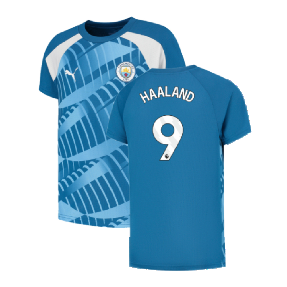 '23-'24 Man City Pre-Match Jersey (Lake ) - Kids (Haaland 9) Polyester Erling Haaland Manchester City Made By: Puma Unisex Kids Blue Size 9-10