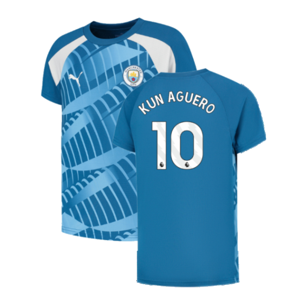 '23-'24 Man City Pre-Match Jersey (Lake ) - Kids (Kun Aguero 10) Polyester Sergio Aguero Manchester City Made By: Puma Unisex Kids Blue Size 9-10