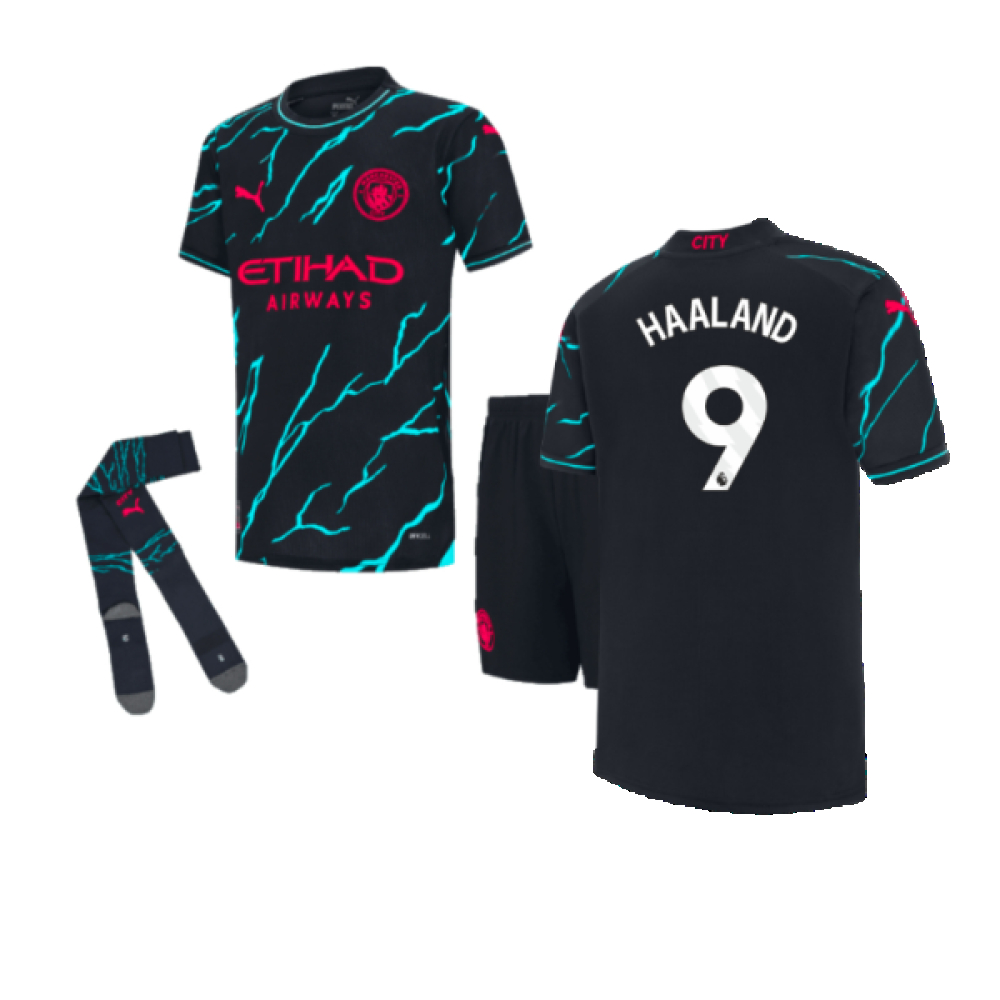 '23-'24 Man City Third Mini Kit (Haaland 9) Toddler's Polyester Erling Haaland Manchester City Made By: Puma Unisex Toddler Navy 1-2 Toddler
