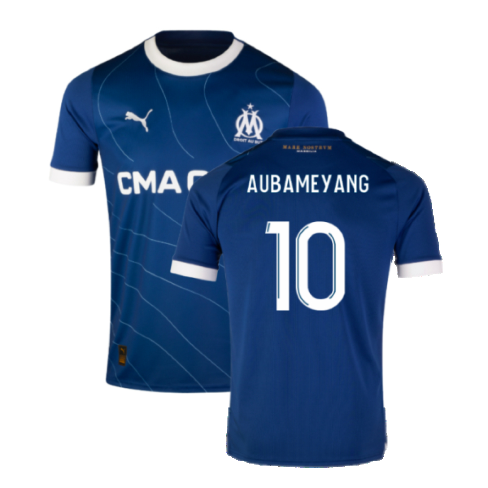 '23-'24 Marseille Away Shirt (Kids) (Aubameyang 10) Polyester Made By: Puma Unisex Kids Navy Size 9-10